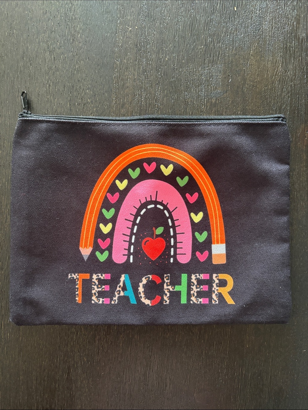 Teacher Rainbow Pouch with Heart Apple Graphic - Black